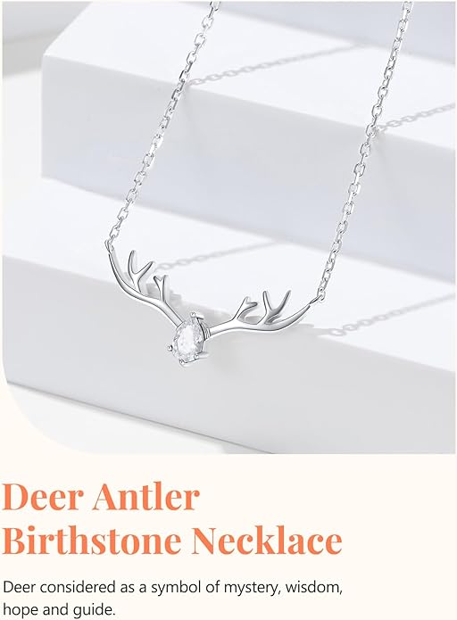 Silvora 925 Sterling Silver Deer Antler Necklace, Antler Deer Jewelry Antler Pendant Choker Birthstone Necklace Christmas Jewelry for Women