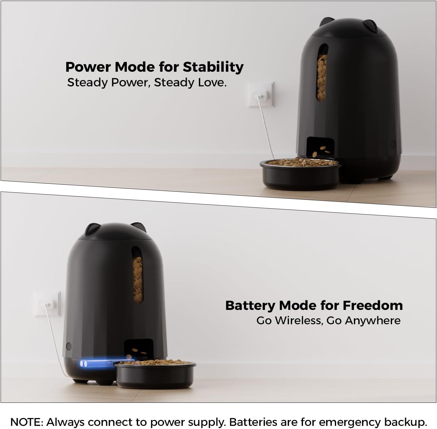 PAPIFEED Automatic Cat Feeder, 3L Timed Cats Food Dispenser with Dual Power Supply, Auto Pet Feeder with Programmable Portion Control for Cats and Small Dogs, Black