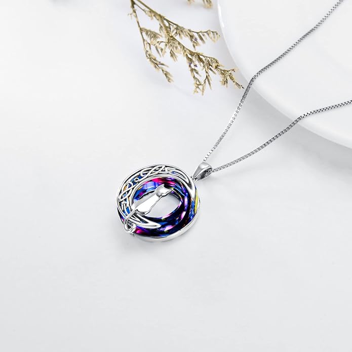 TOUPOP Cat Gifts for Cat Lovers 1 2 3 Cats Necklace Sterling Silver Cat on the Moon Pendant Necklace with Blue Circle Crystal Birthday Christmas Celtic Jewelry Gifts for Women