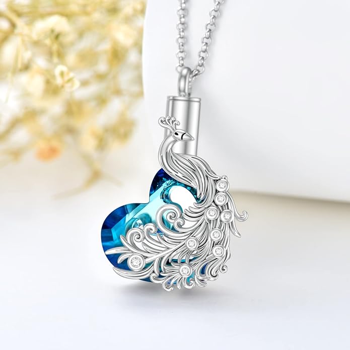 Animal Crystal Urn Necklace For Ashes Sterling Silver Butterfly Dragonfly Bee Phoenix Peacock Hummingbird Fox Angel Wing Pentagram Pentacle Cremation Necklace Heart Teardrop Urn Holder Necklaces For Women Memorial Jewelry