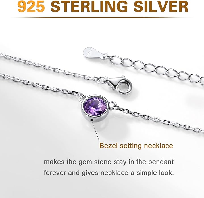 SILVERCUTE Sterling Silver Birthstone Necklace for Women,Dainty Silver Pendant Necklace with Round Cubic Zirconia,16"-18"