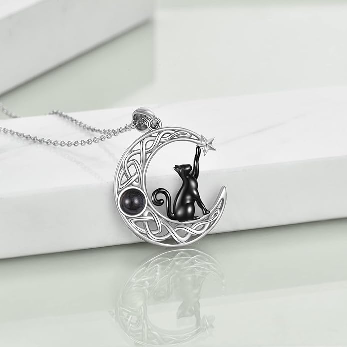 Celtic Moon Black Cat Necklace for Women - Abalone Tree of Life Sterling Silver Cat Lovers Jewelry