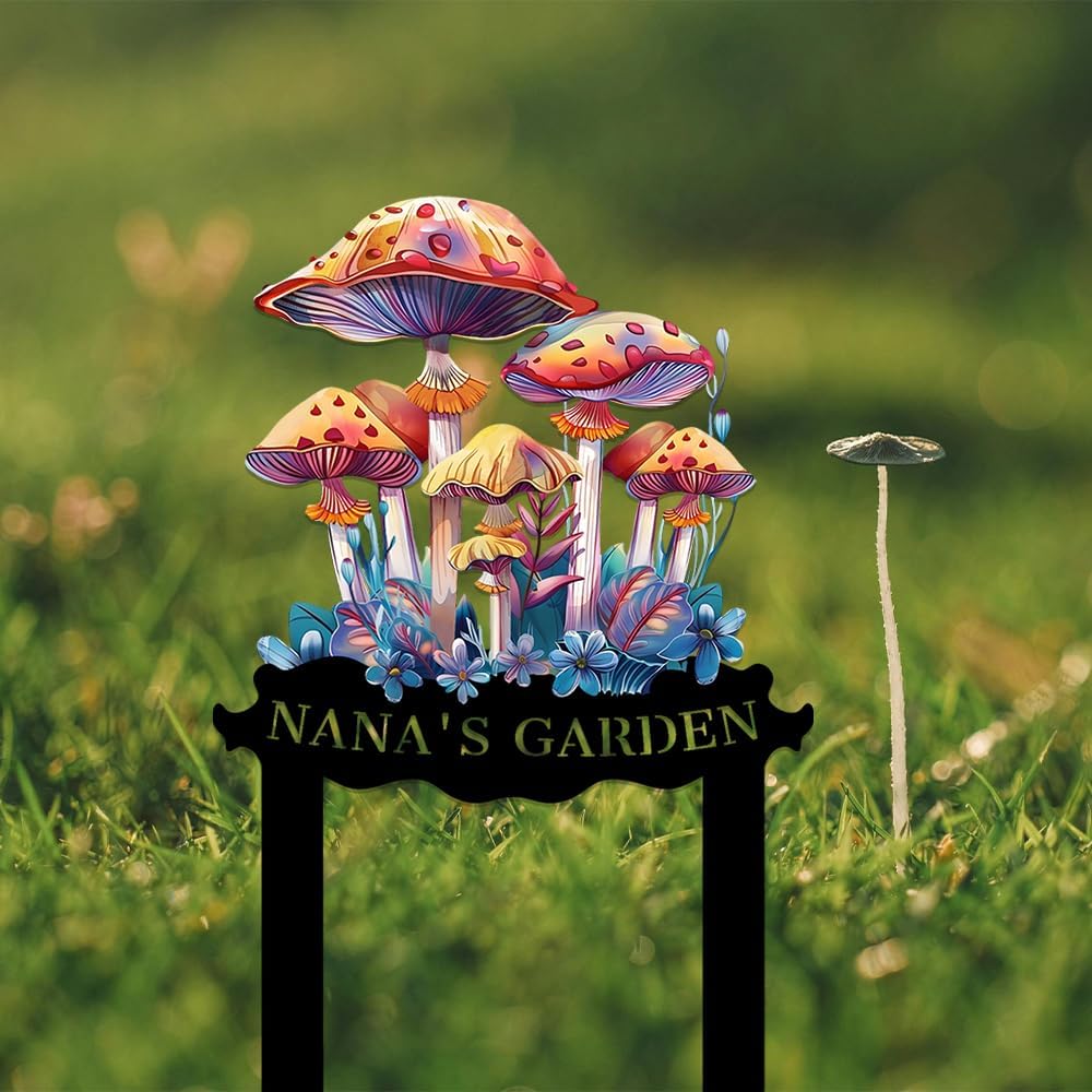 Personalized Mushroom Metal Sign with Stake,Custom Gardener Family Name Signs Outdoor Decor,Customized Flowers Gardening Birthday Gifts,Butterfly Plaque for Patio Lawn Porch Backyard Front Door Garage