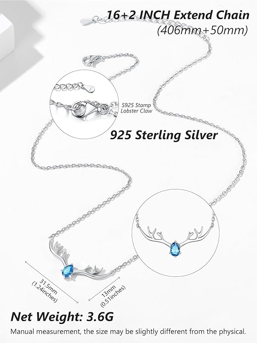 Silvora 925 Sterling Silver Deer Antler Necklace, Antler Deer Jewelry Antler Pendant Choker Birthstone Necklace Christmas Jewelry for Women