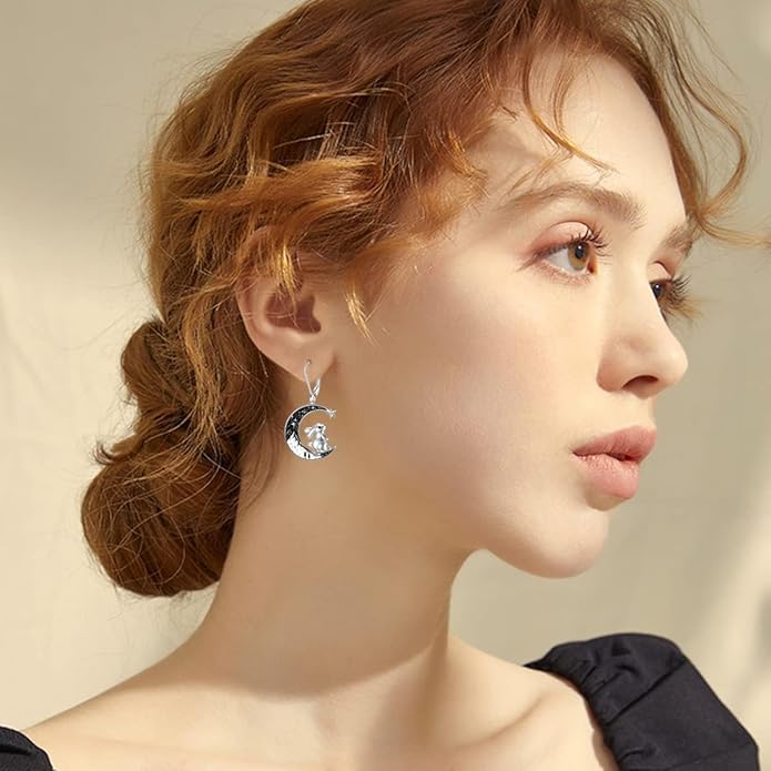 Black Cat/Bat/Spider/Pumpkin/Wolf/Bunny/Sun and Moon/Turtle/Raven 925 Sterling Silver Leverback Dangle Earrings Moon Gothic Christmas Earrings Jewelry Gift for Women
