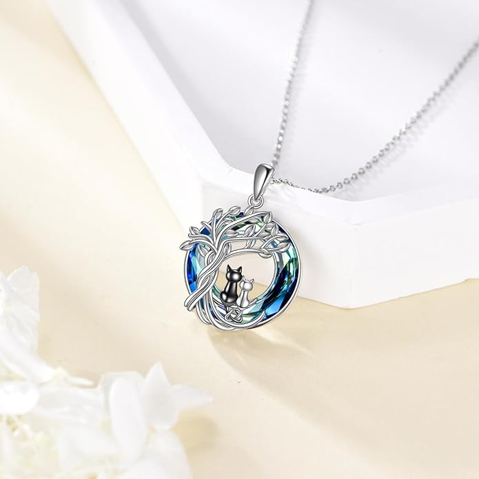 Tree of Life Necklace Sterling Silver Sister Pendant Blue Crystal Jewelry Gift for Women