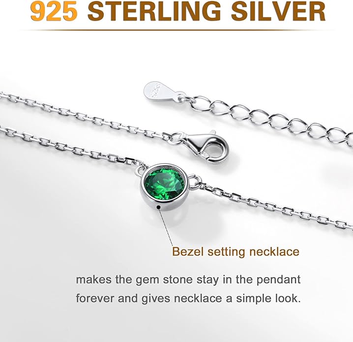 SILVERCUTE Sterling Silver Birthstone Necklace for Women,Dainty Silver Pendant Necklace with Round Cubic Zirconia,16"-18"