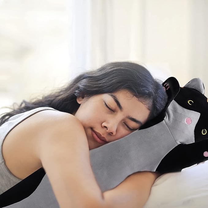 shangman Lovely Plush Cat Doll Cute Cartoon Soft Stuffed Kitten Pillow Long Throw Sleeping Pillow Doll Toy Valentines Day Gift for Kids Girlfriend (Black, 130cm/51.1in)