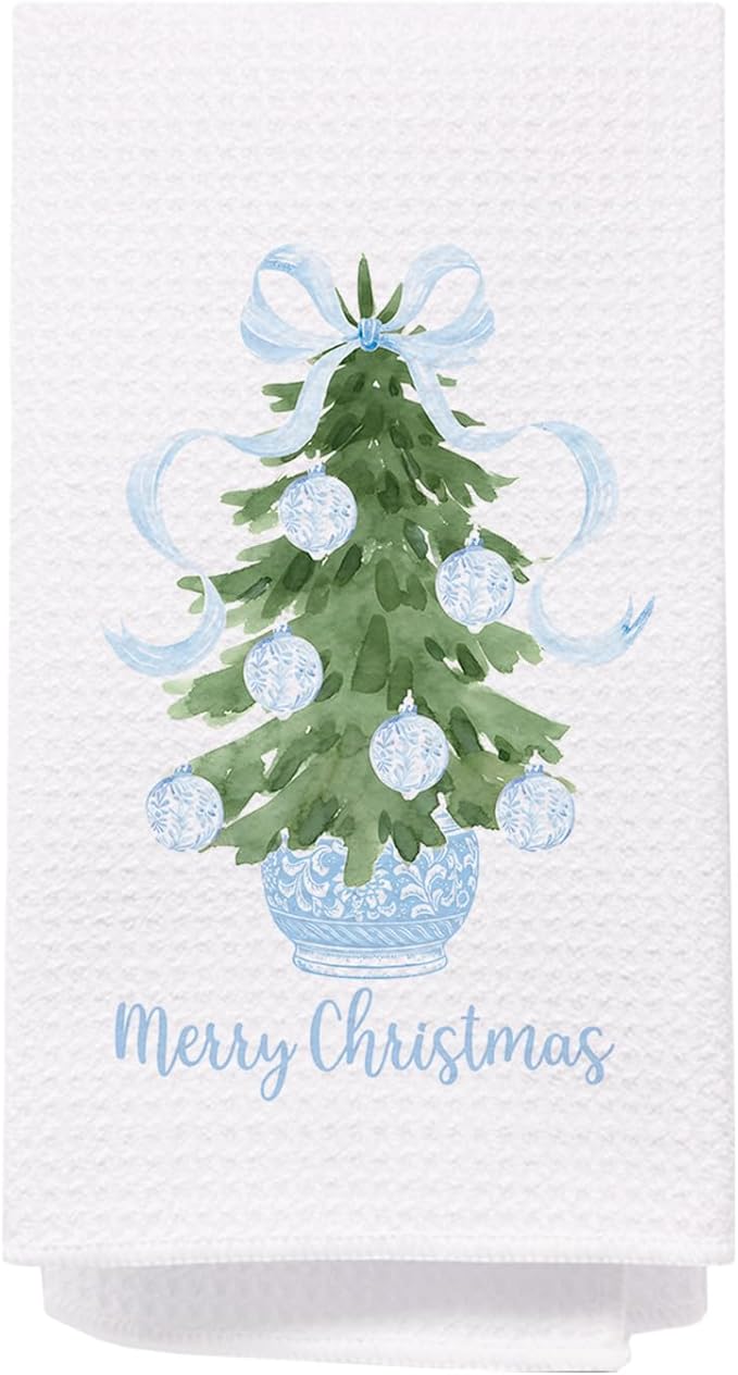 SPBL&L Light Blue Chinoiserie Christmas Kitchen Towels, Light Blue Bow Christmas Hand Towels for Bathroom, Chinoiserie Decor,Merry Christmas Dish Towels, Christmas Kitchen Bathroom Decor, 16x24 Inch