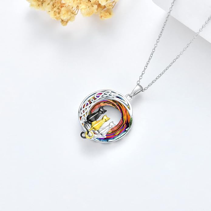 TOUPOP Cat Gifts for Cat Lovers 1 2 3 Cats Necklace Sterling Silver Cat on the Moon Pendant Necklace with Blue Circle Crystal Birthday Christmas Celtic Jewelry Gifts for Women