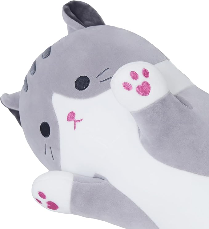 Soft Plush Pillow, Grey Long Kitten Plushie Kawaii Cat Stuffed Toy for Kids (90cm/35.4inch)