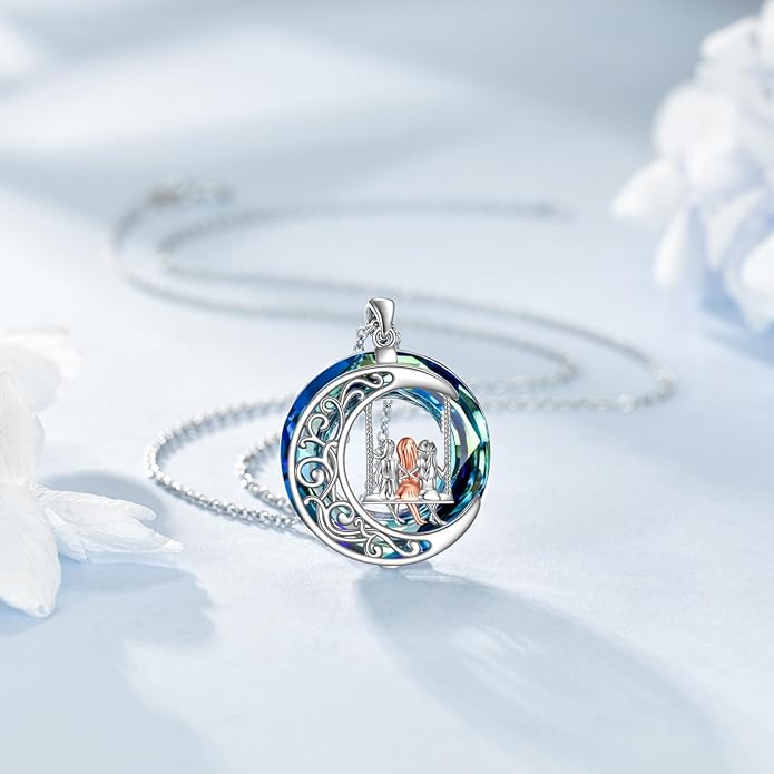 Tree of Life Necklace Sterling Silver Sister Pendant Blue Crystal Jewelry Gift for Women