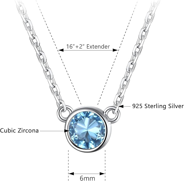 SILVERCUTE Sterling Silver Birthstone Necklace for Women,Dainty Silver Pendant Necklace with Round Cubic Zirconia,16"-18"
