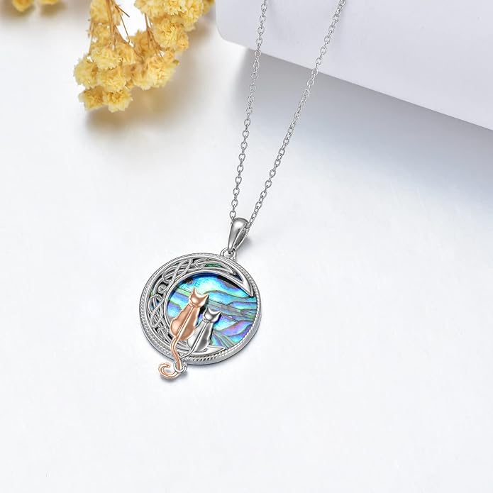 TOUPOP Cat Necklace Sterling Silver Abalone Shell Celtic Cat on the Moon with Abalone Shell Birthday Christmas Jewelry Gifts for Women