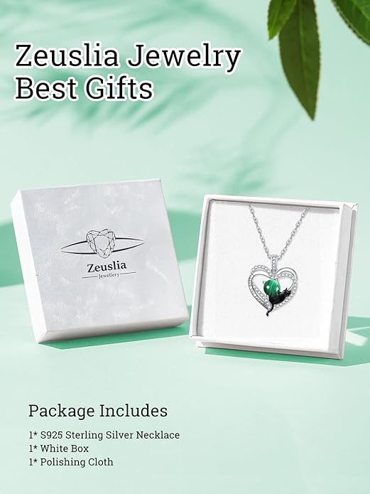 Birthstone Cat Necklaces,925 Sterling Silver Cat Necklace Heart Pendant for Women,Dainty Animal Jewelry for Her,Wedding Anniversary Birthday Gifts for Women Mom Grandma