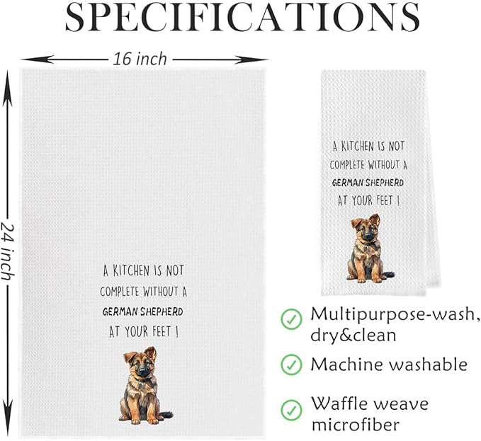 Gqtt German Shepherd Dish Towels Set - Funny German Shepherd Gifts Waffle Weave Kitchen Towels, Decorative Hand Tea Towels for Bathroom Kitchen (1624 Inches Set of 2)