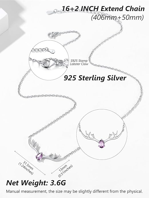 Silvora 925 Sterling Silver Deer Antler Necklace, Antler Deer Jewelry Antler Pendant Choker Birthstone Necklace Christmas Jewelry for Women