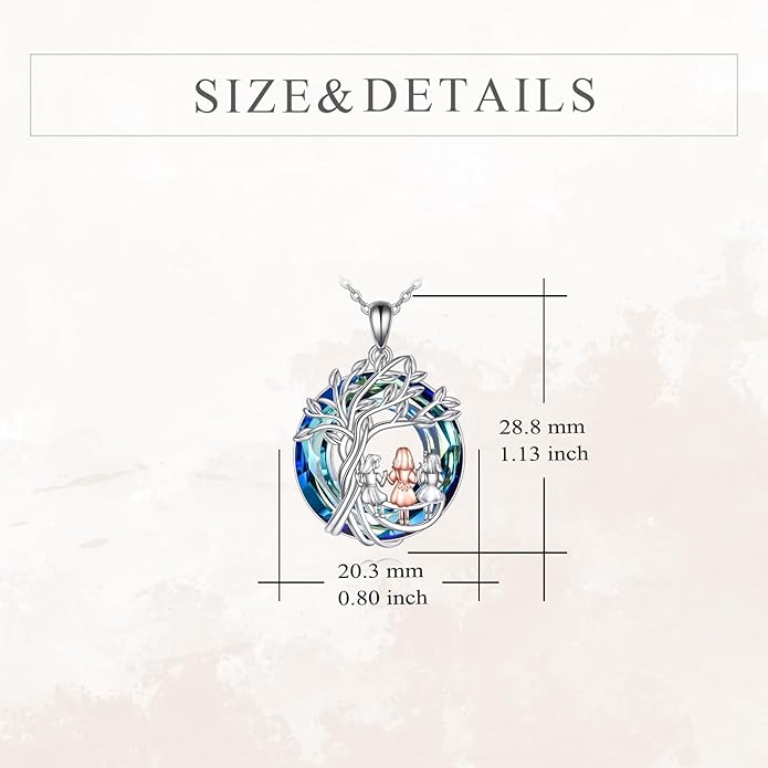 Tree of Life Necklace Sterling Silver Sister Pendant Blue Crystal Jewelry Gift for Women