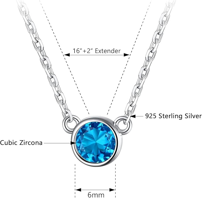 SILVERCUTE Sterling Silver Birthstone Necklace for Women,Dainty Silver Pendant Necklace with Round Cubic Zirconia,16"-18"