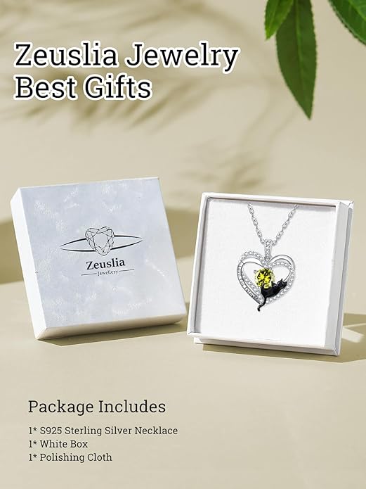 Birthstone Cat Necklaces,925 Sterling Silver Cat Necklace Heart Pendant for Women,Dainty Animal Jewelry for Her,Wedding Anniversary Birthday Gifts for Women Mom Grandma