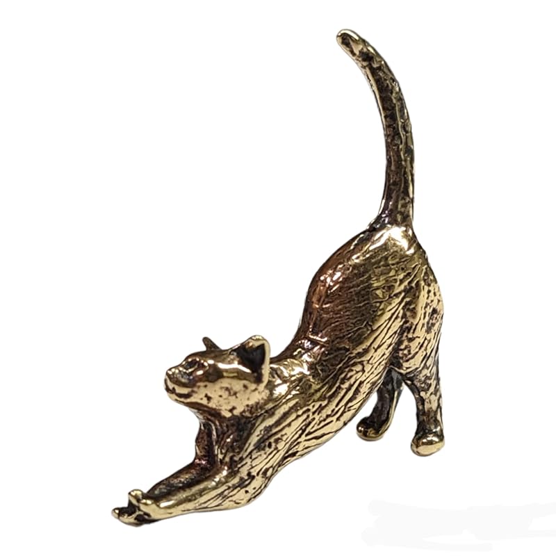 Stretching Cat Figurine Hand-Casted in Brass Small Kitten Miniature Collectible Gift for Cat Lovers Tiny Metal Decorative Trinket