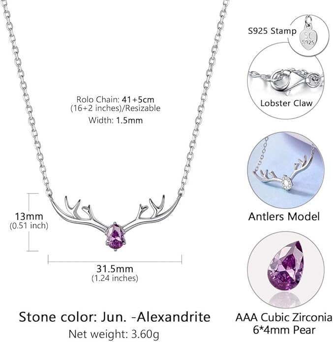 SILVERCUTE Sterling Silver Birthstone Necklaces for Women, Xmas Antler Deer Pendant Necklace with Colorful Cubic Zirconia,16-18 inches