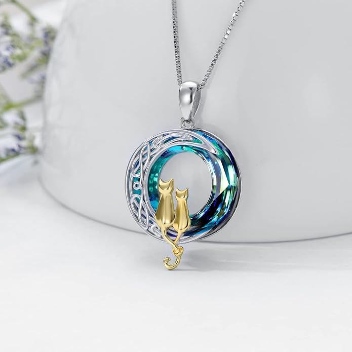 TOUPOP Cat Gifts for Cat Lovers 1 2 3 Cats Necklace Sterling Silver Cat on the Moon Pendant Necklace with Blue Circle Crystal Birthday Christmas Celtic Jewelry Gifts for Women