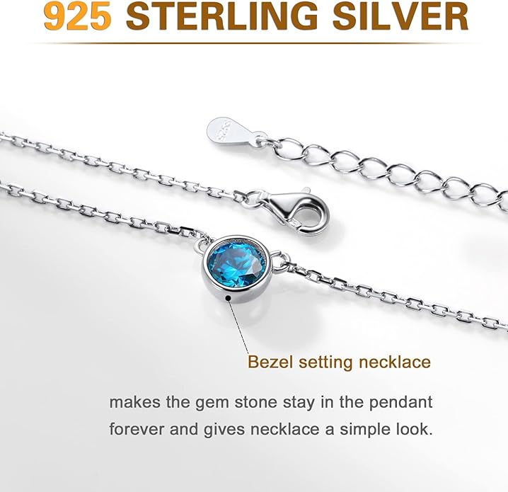 SILVERCUTE Sterling Silver Birthstone Necklace for Women,Dainty Silver Pendant Necklace with Round Cubic Zirconia,16"-18"