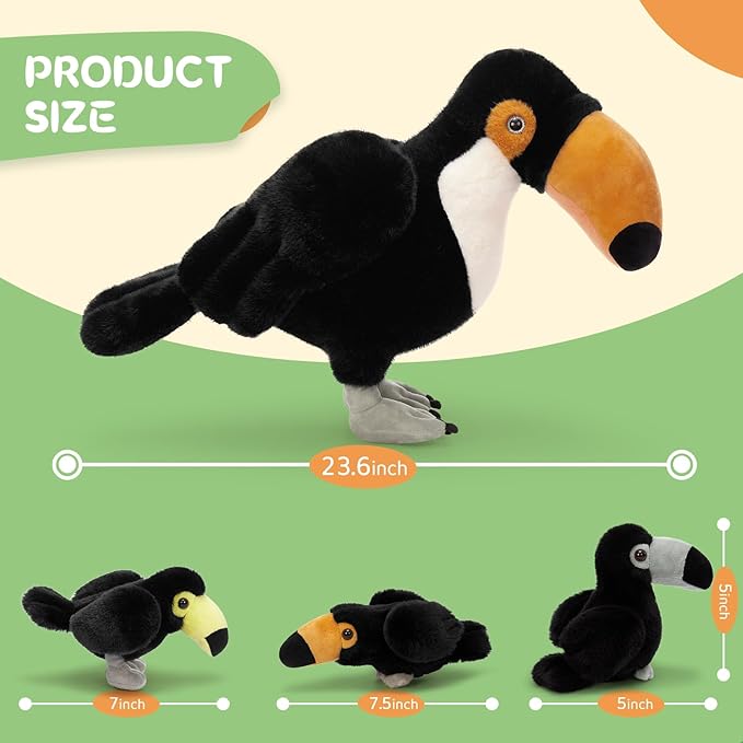 MorisMos 24" Giant Toco Toucan Stuffed Animal Mommy with 3 Baby Toucan Toys for Kid Girl Boy,Realistic Black Bird Plush with Baby Bird Toys Gift for Birthday,Tropical Rainforest Stuffed Animals Decor