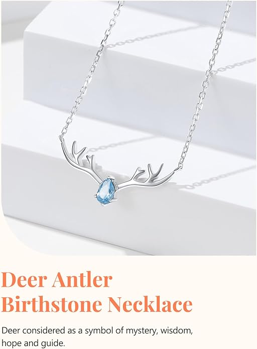 Silvora 925 Sterling Silver Deer Antler Necklace, Antler Deer Jewelry Antler Pendant Choker Birthstone Necklace Christmas Jewelry for Women