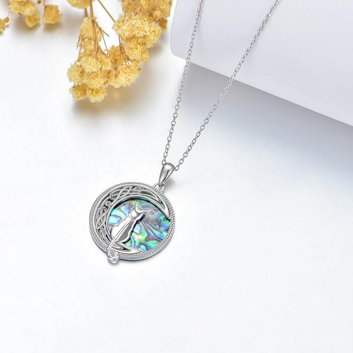 TOUPOP Cat Necklace Sterling Silver Abalone Shell Celtic Cat on the Moon with Abalone Shell Birthday Christmas Jewelry Gifts for Women