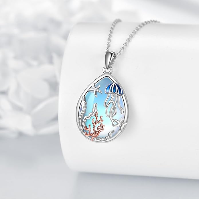KQF Dragonfly/Butterlfy/Cat/Jellyfish/Bunny/Axolotl/Bee/Mermaid/Hummingbird/Elephant Necklace for Women Sterling Silver Moonstone Pendant Necklace Dragonfly Jewelry Gifts for Women