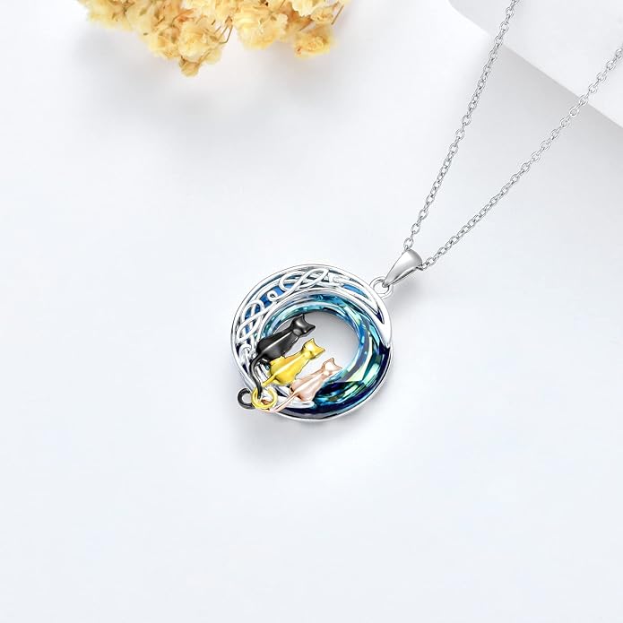 TOUPOP Cat Gifts for Cat Lovers 1 2 3 Cats Necklace Sterling Silver Cat on the Moon Pendant Necklace with Blue Circle Crystal Birthday Christmas Celtic Jewelry Gifts for Women