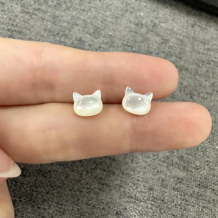 Dainty Shell Pearl Cat Stud Earrings for Women Girls 925 Sterling Silver Hypoallergenic Nickel Free Tiny Small Kitten Animal Studs Cartilage Tragus Post Cute Birthday Halloween Christmas Jewelry Gifts