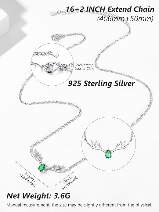 Silvora 925 Sterling Silver Deer Antler Necklace, Antler Deer Jewelry Antler Pendant Choker Birthstone Necklace Christmas Jewelry for Women