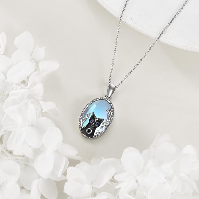 Black Cat Necklace Moonstone Sterling Silver Cats Moon Necklace Gothic Witch Black Cat Jewelry Gifts for Cat Lovers Women