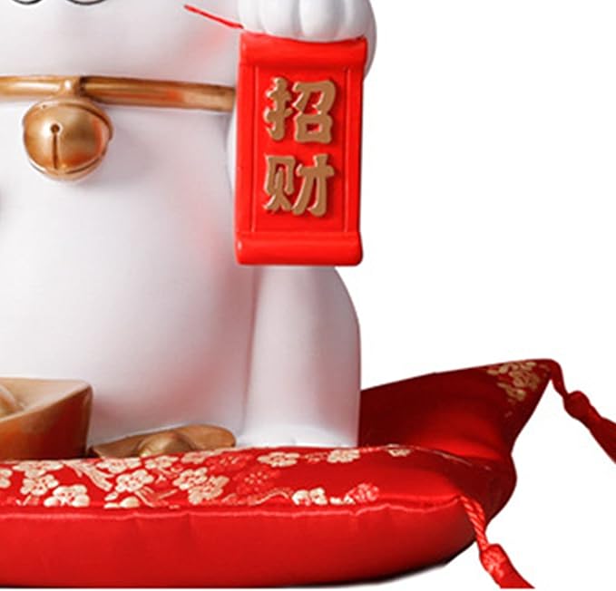 Lucky Cat Waving Arm Resin Statue, 11x7.1x6.3in Maneki Neko Fortune Cat Coin Bank Chinese Lion Dance Figurine for Store Opening Home Office Desk Decor White Waving Cat Ornament