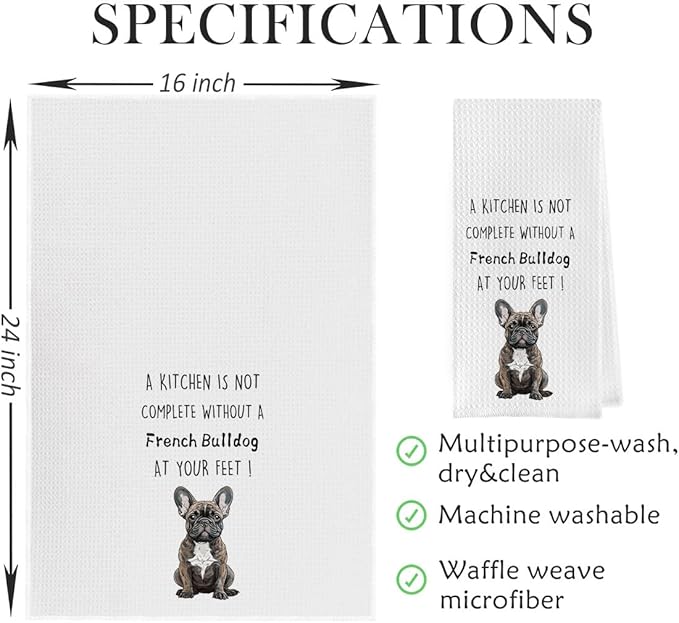 French Bulldog Dish Towels Set - Funny Frenchie Waffle Weave Kitchen Towels, French Bulldog Decorative Hand Tea Towels for Bathroom Kitchen (16×24 Inches Set of 2)