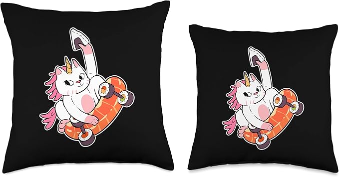Skater Unicorn Sushi Cat Skateboard Anime Figure Fingerboard Throw Pillow