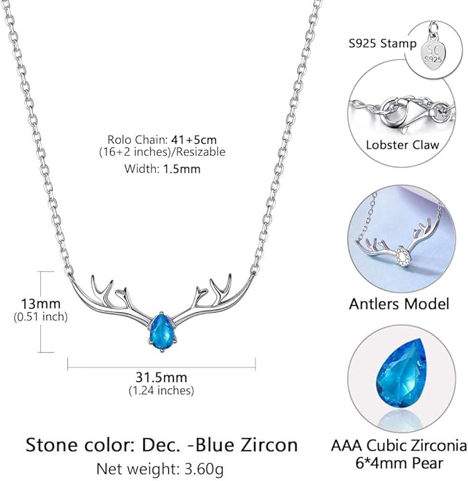 SILVERCUTE Sterling Silver Birthstone Necklaces for Women, Xmas Antler Deer Pendant Necklace with Colorful Cubic Zirconia,16-18 inches
