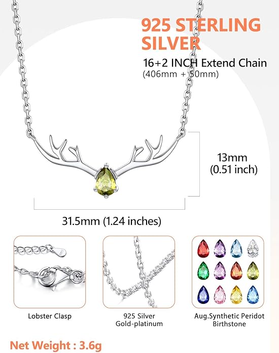 Silvora 925 Sterling Silver Deer Antler Necklace, Antler Deer Jewelry Antler Pendant Choker Birthstone Necklace Christmas Jewelry for Women