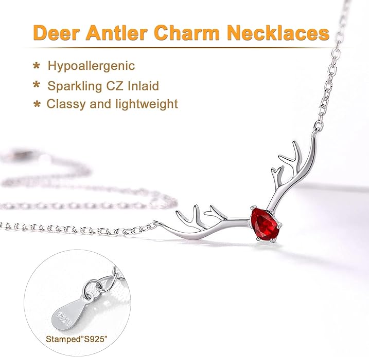 SILVERCUTE Sterling Silver Birthstone Necklaces for Women, Xmas Antler Deer Pendant Necklace with Colorful Cubic Zirconia,16-18 inches