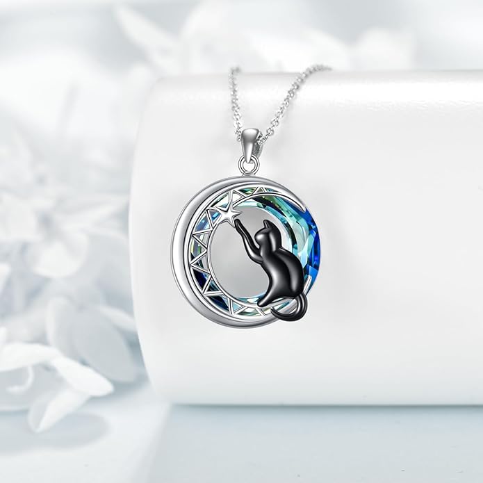 Turtle/Black Cat/Compass Necklace Sterling Silver Crystal Pendant Necklaces Cute Animal Jewerly for Women Mom