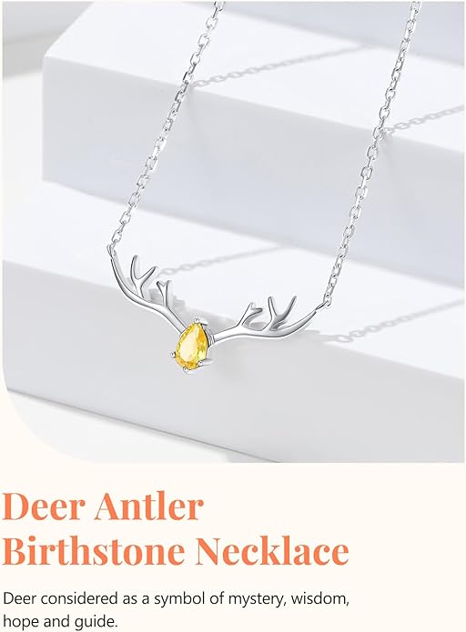 Silvora 925 Sterling Silver Deer Antler Necklace, Antler Deer Jewelry Antler Pendant Choker Birthstone Necklace Christmas Jewelry for Women
