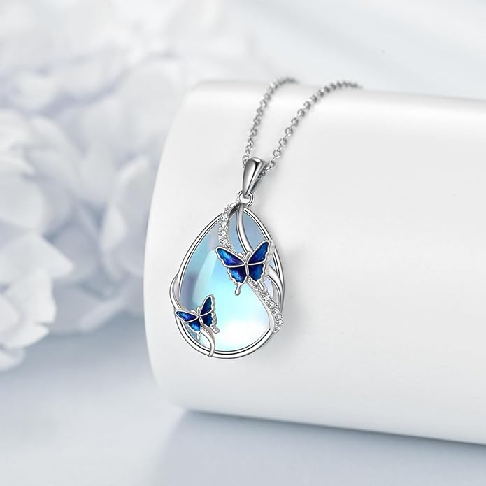 KQF Dragonfly/Butterlfy/Cat/Jellyfish/Bunny/Axolotl/Bee/Mermaid/Hummingbird/Elephant Necklace for Women Sterling Silver Moonstone Pendant Necklace Dragonfly Jewelry Gifts for Women
