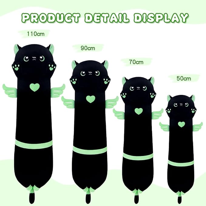 Long Plush Toy Cat Pillow Cute Plush Cat Toy Doll Stuffed Animal Cat Hugging Pillow for Sleeping Gift for Kids and Girls(Black&Green,110cm/43.3in)