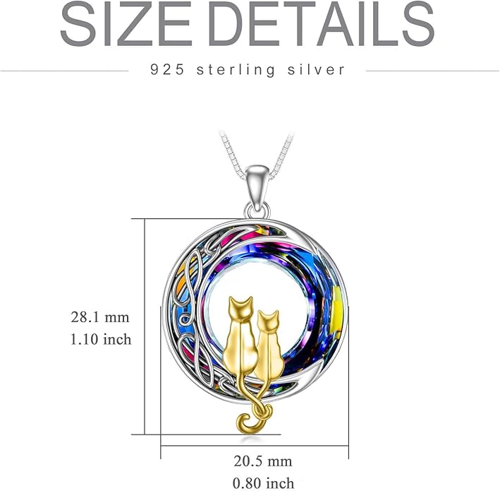 TOUPOP Cat Gifts for Cat Lovers 1 2 3 Cats Necklace Sterling Silver Cat on the Moon Pendant Necklace with Blue Circle Crystal Birthday Christmas Celtic Jewelry Gifts for Women