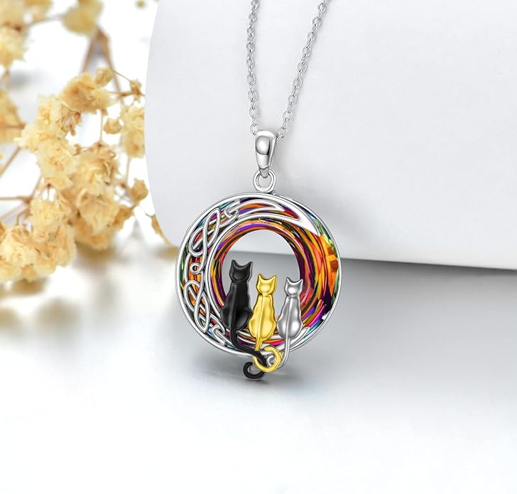 TOUPOP Cat Gifts for Cat Lovers 1 2 3 Cats Necklace Sterling Silver Cat on the Moon Pendant Necklace with Blue Circle Crystal Birthday Christmas Celtic Jewelry Gifts for Women