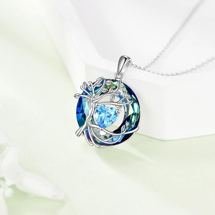 Tree of Life Necklace Sterling Silver Sister Pendant Blue Crystal Jewelry Gift for Women