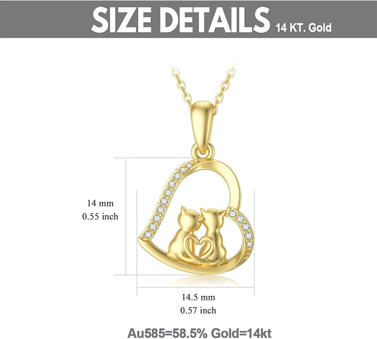 Cat Necklace for Women 14K Solid Gold Cat Lover Gift Eternal Love Heart Necklace for Wife and Mom